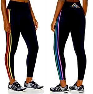 Adidas Pride BT Tights Black Rainbow Stripe High Rise Leggings Medium